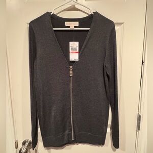 Michael Kors Gray Cardigan Sweater with V-Neck and Zip-Up Design